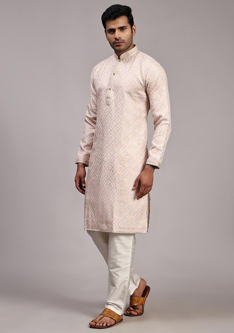 Pink Woven Viscose Jacquard Kurta Pyjama Set For Men