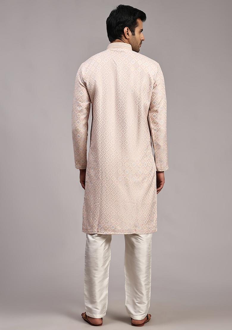 Pink Woven Viscose Jacquard Kurta Pyjama Set For Men