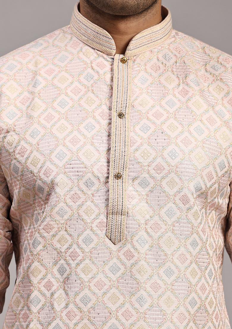 Pink Woven Viscose Jacquard Kurta Pyjama Set For Men