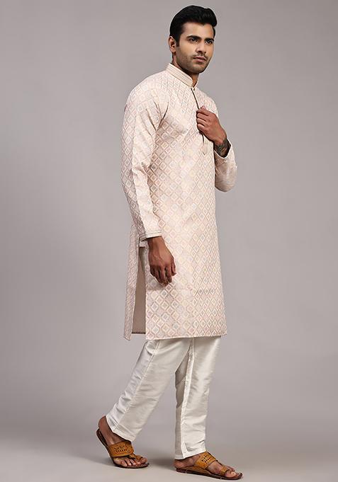 Pink Woven Viscose Jacquard Kurta Pyjama Set For Men