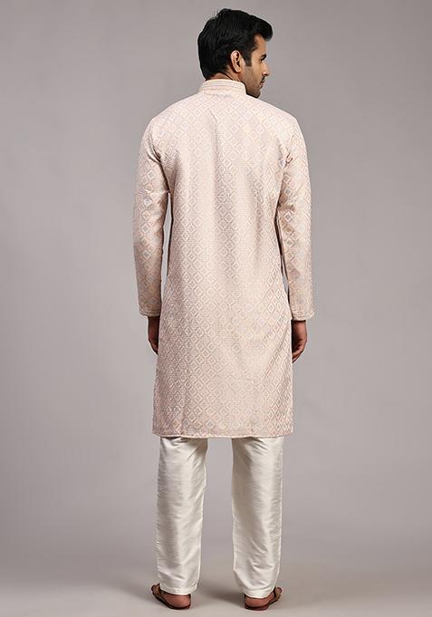 Pink Woven Viscose Jacquard Kurta Pyjama Set For Men