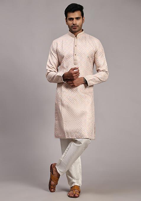 Pink Woven Viscose Jacquard Kurta Pyjama Set For Men