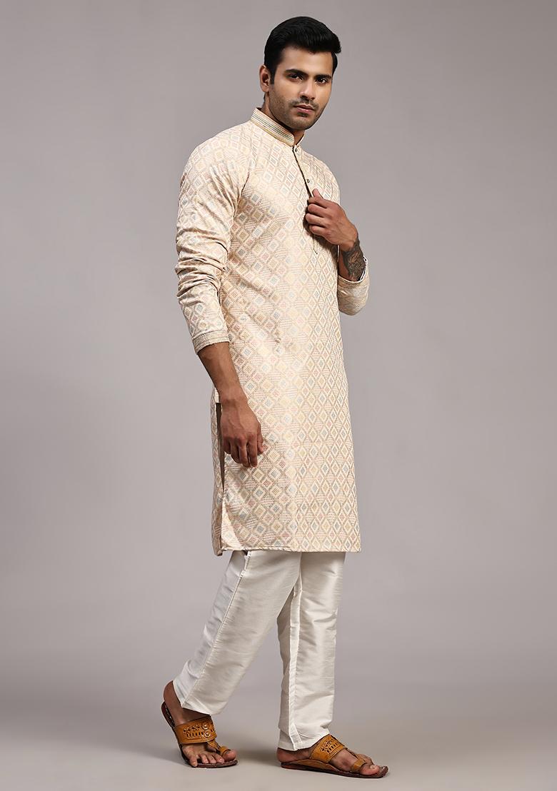 Cream Woven Viscose Jacquard Kurta Pyjama Set For Men