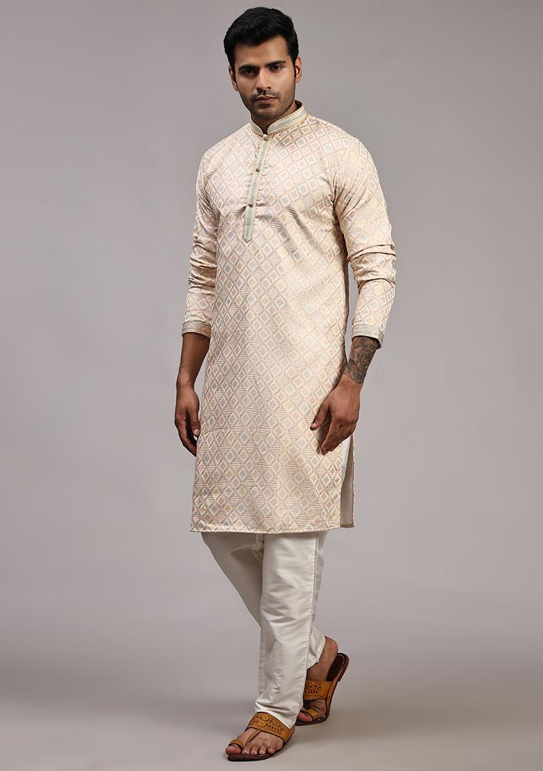 Cream Woven Viscose Jacquard Kurta Pyjama Set For Men