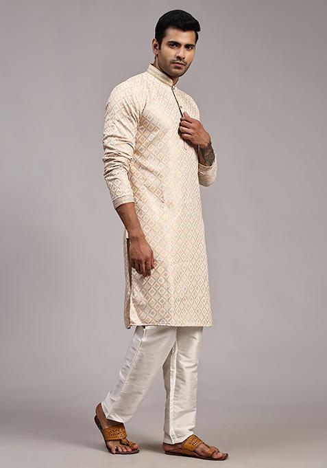 Cream Woven Viscose Jacquard Kurta Pyjama Set For Men