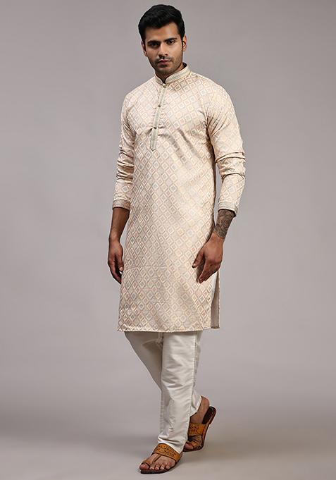 Cream Woven Viscose Jacquard Kurta Pyjama Set For Men