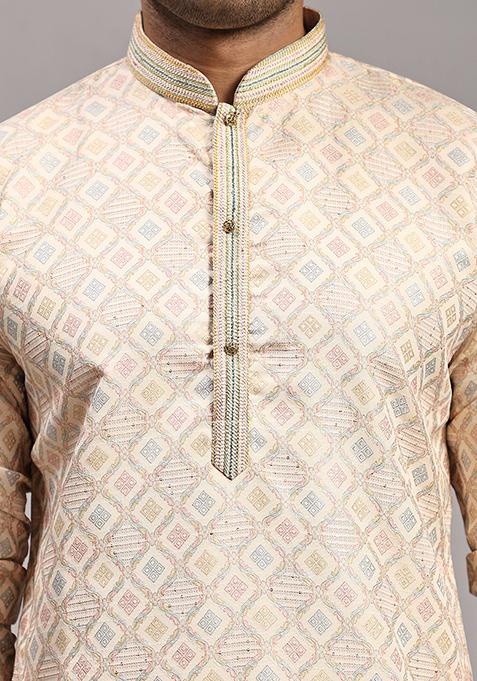 Cream Woven Viscose Jacquard Kurta Pyjama Set For Men