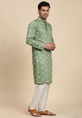 Green Embroidered Viscose Rayon Kurta Pyjama Set For Men
