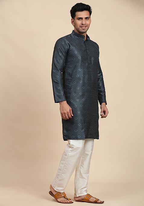 Navy Blue Woven Viscose Jacquard Kurta Pyjama Set For Men