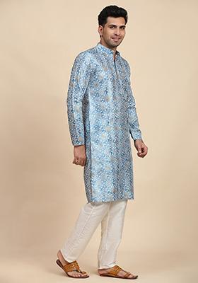 Light Blue Printed Viscose Rayon Kurta Pyjama Set For Men