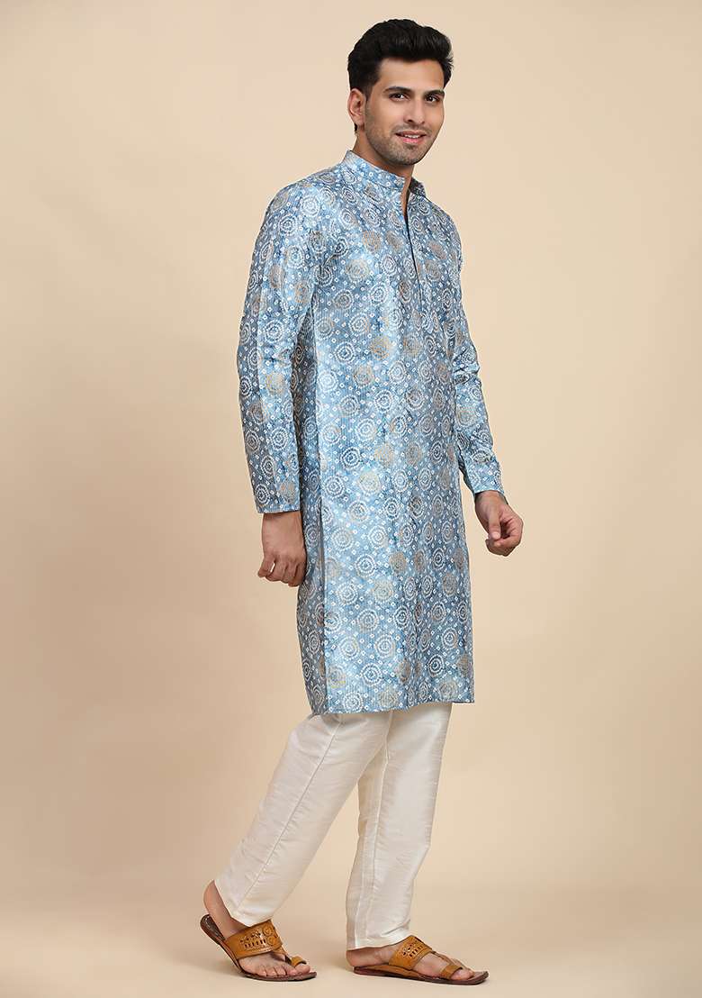 Light Blue Printed Viscose Rayon Kurta Pyjama Set For Men - Indya