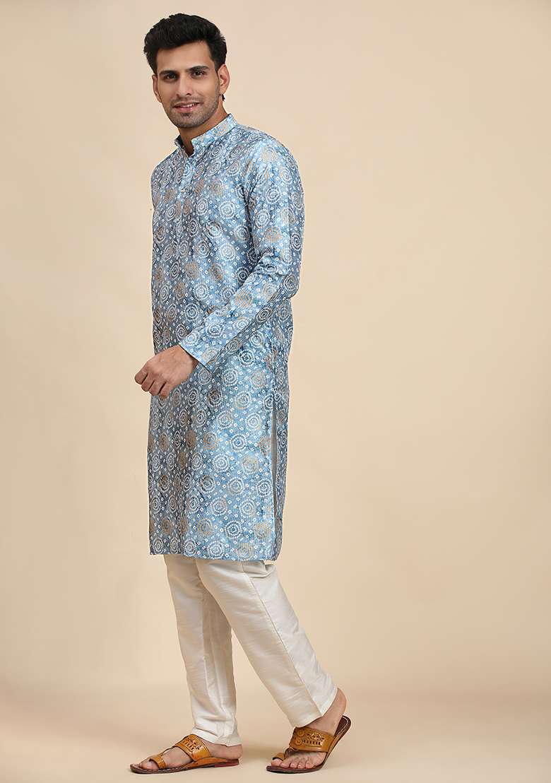 Light Blue Printed Viscose Rayon Kurta Pyjama Set For Men - Indya