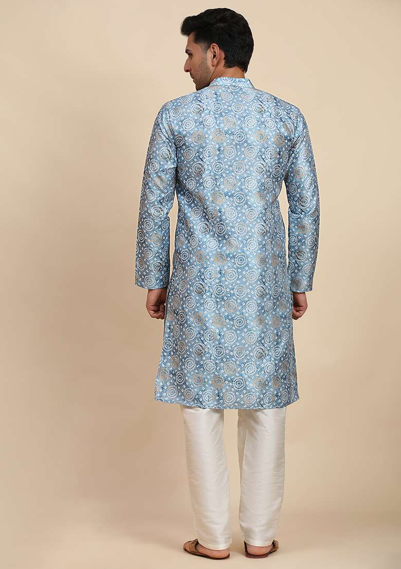 Light Blue Printed Viscose Rayon Kurta Pyjama Set For Men - Indya
