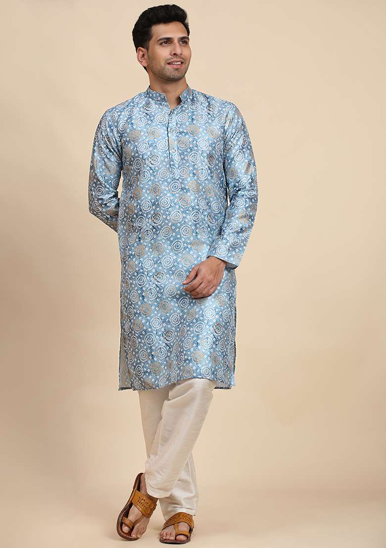 Light Blue Printed Viscose Rayon Kurta Pyjama Set For Men - Indya