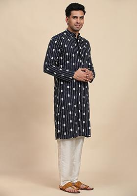 Navy Blue Embroidered Viscose Rayon Kurta Pyjama Set For Men