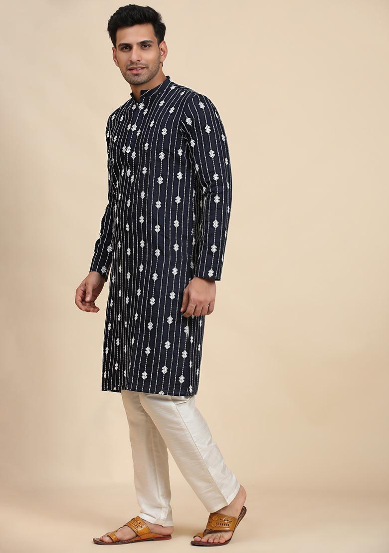 Navy Blue Embroidered Viscose Rayon Kurta Pyjama Set For Men