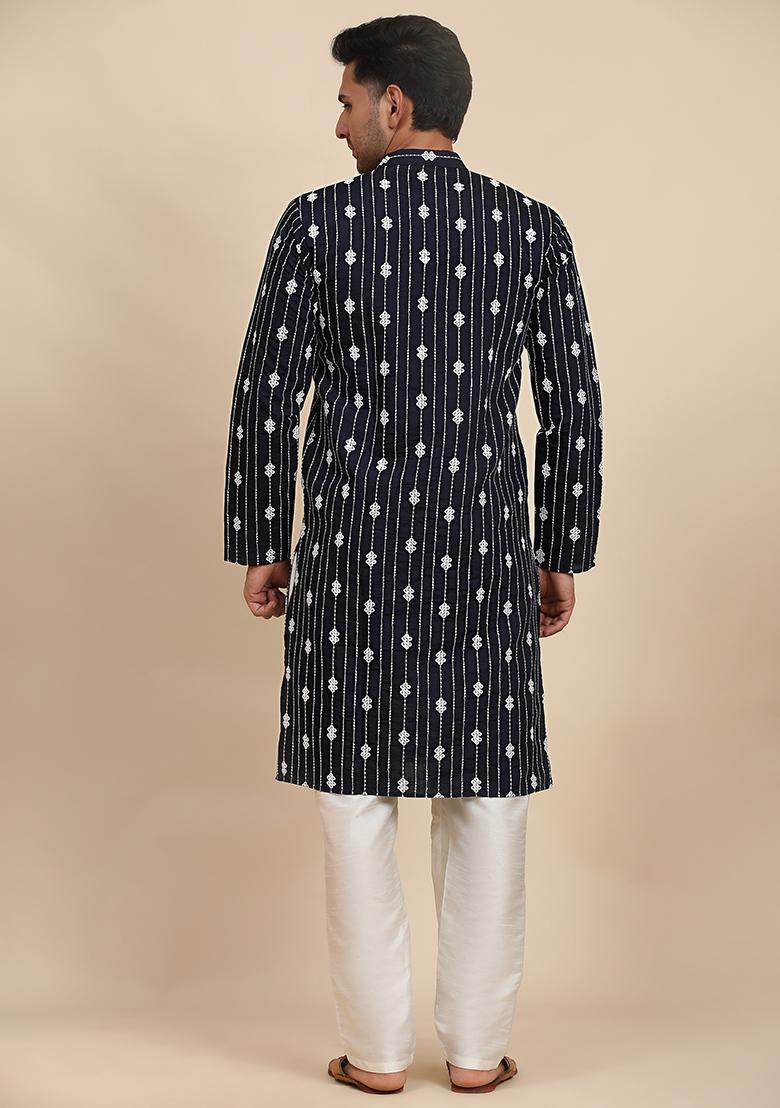 Navy Blue Embroidered Viscose Rayon Kurta Pyjama Set For Men