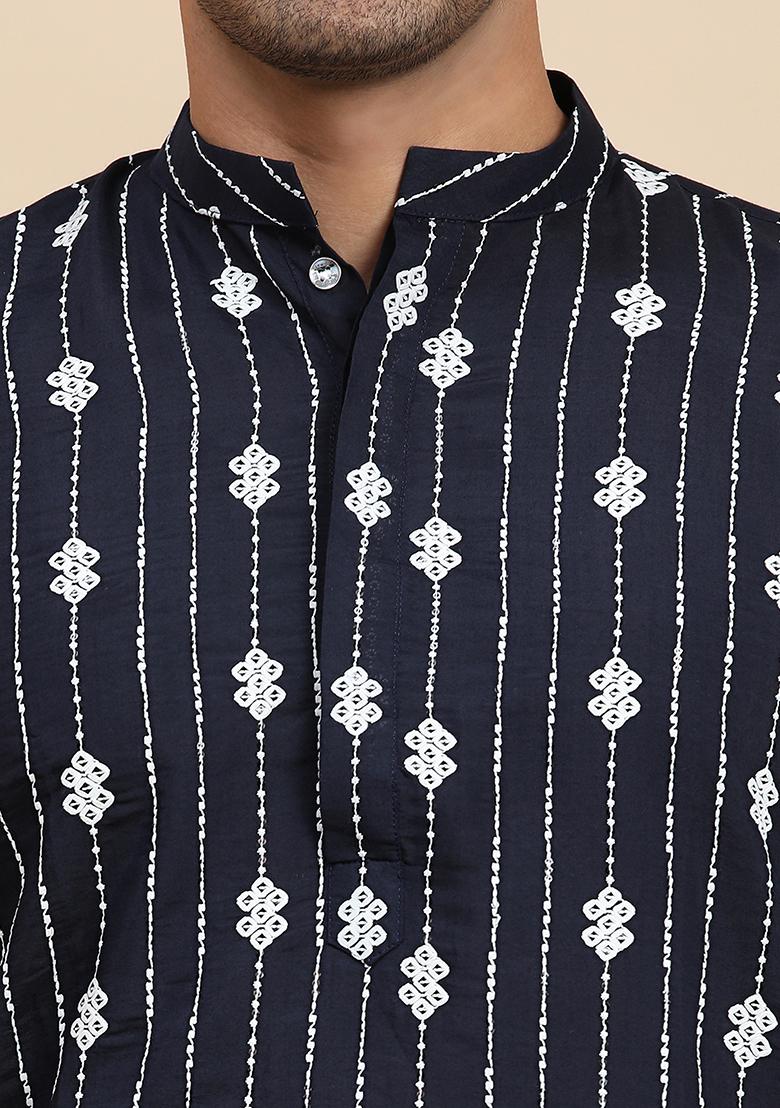 Navy Blue Embroidered Viscose Rayon Kurta Pyjama Set For Men