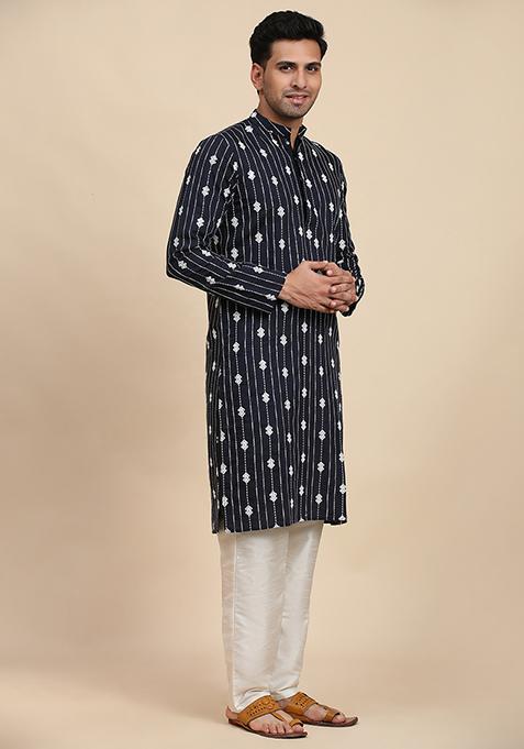 Navy Blue Embroidered Viscose Rayon Kurta Pyjama Set For Men