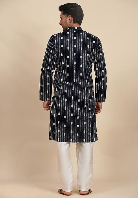 Navy Blue Embroidered Viscose Rayon Kurta Pyjama Set For Men
