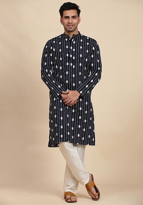 Navy Blue Embroidered Viscose Rayon Kurta Pyjama Set For Men