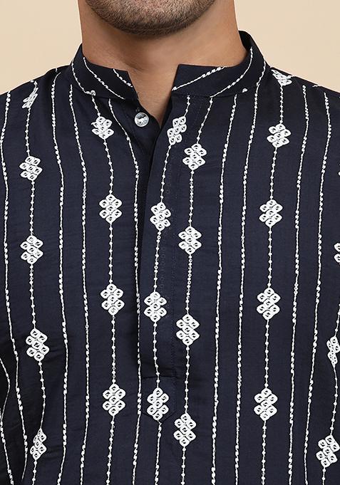 Navy Blue Embroidered Viscose Rayon Kurta Pyjama Set For Men
