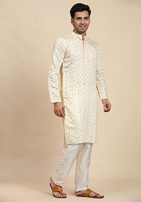 Cream Embroidered Viscose Rayon Kurta Pyjama Set For Men
