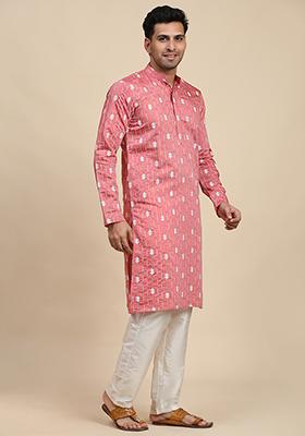 Pink Embroidered Viscose Rayon Kurta Pyjama Set For Men