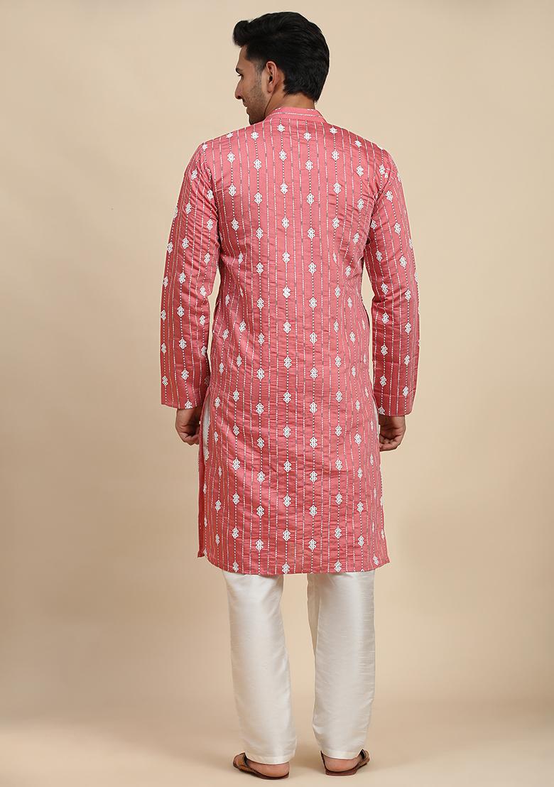 Pink Embroidered Viscose Rayon Kurta Pyjama Set For Men