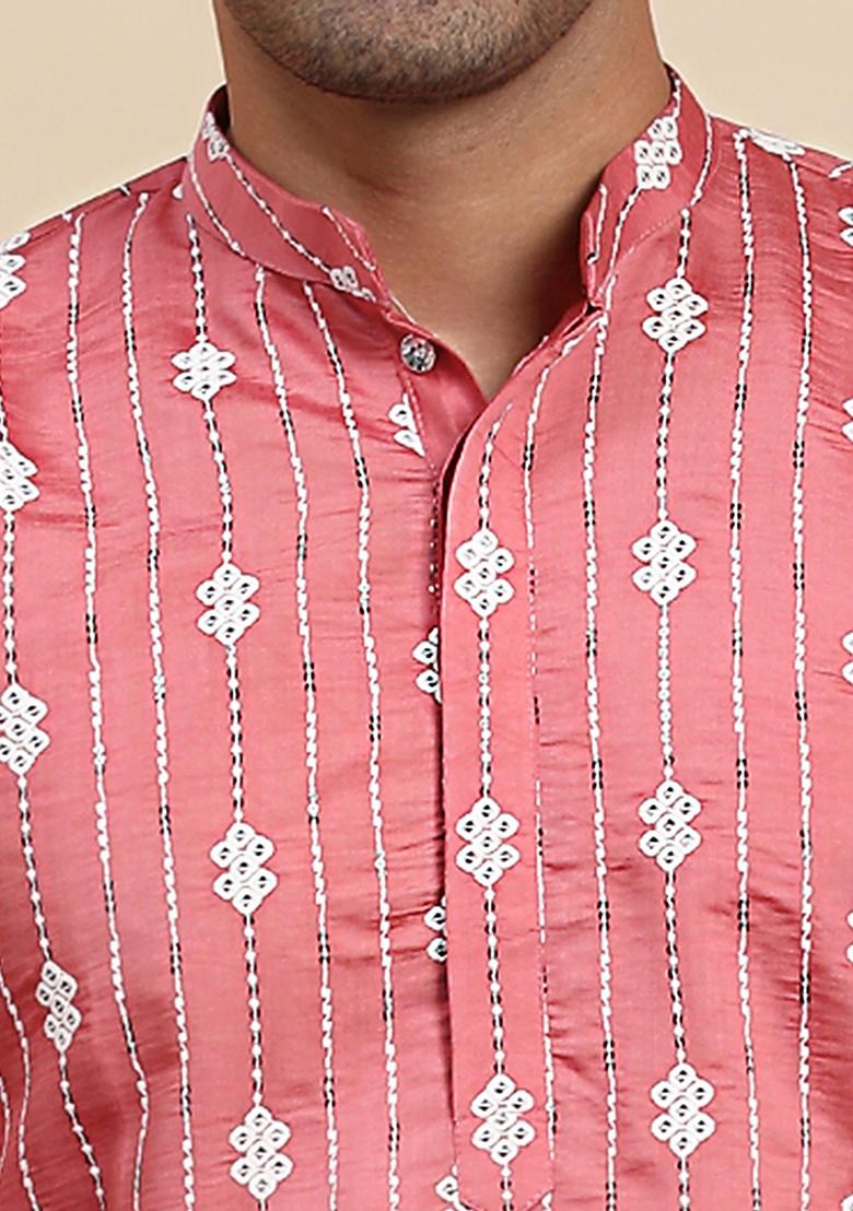 Pink Embroidered Viscose Rayon Kurta Pyjama Set For Men