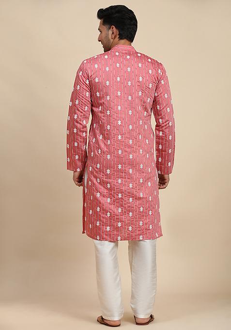 Pink Embroidered Viscose Rayon Kurta Pyjama Set For Men