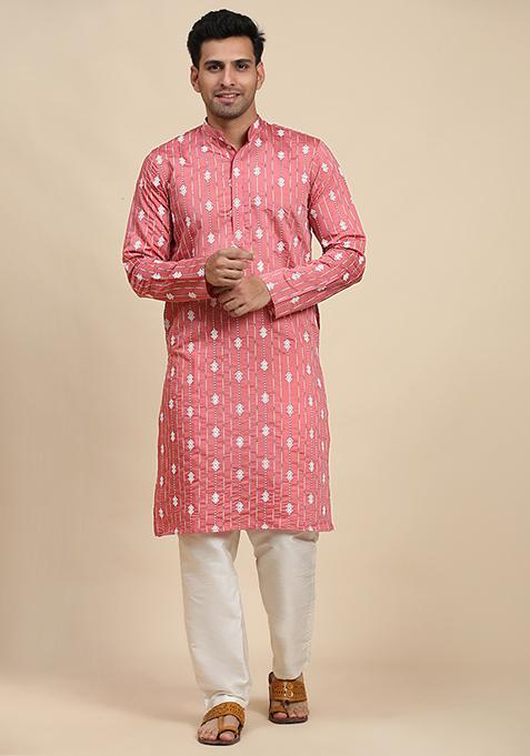 Pink Embroidered Viscose Rayon Kurta Pyjama Set For Men