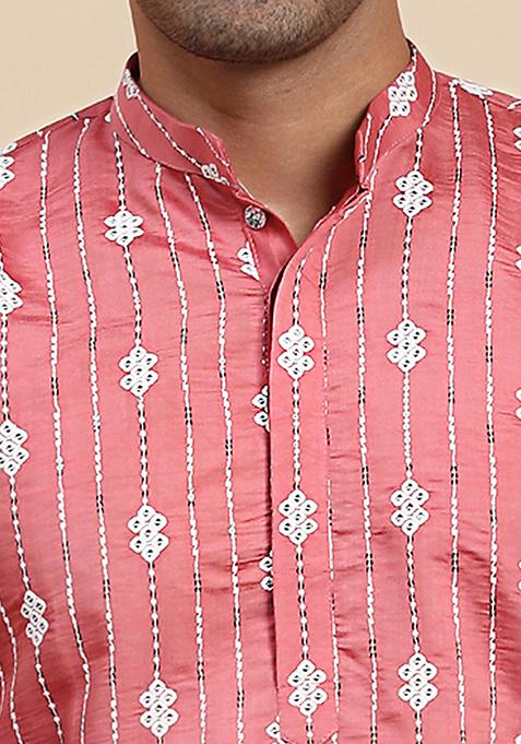 Pink Embroidered Viscose Rayon Kurta Pyjama Set For Men