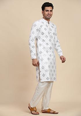 White Embroidered Cotton Kurta Pyjama Set For Men