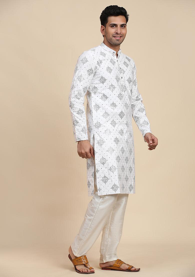 White Embroidered Cotton Kurta Pyjama Set For Men