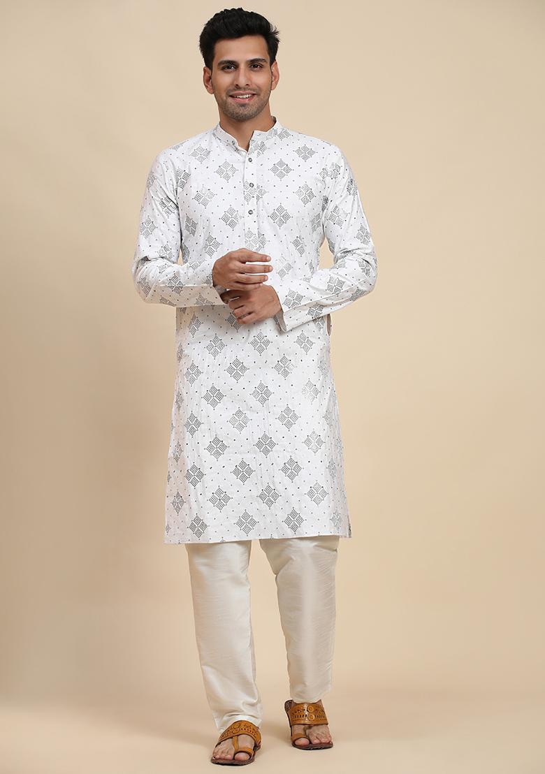 White Embroidered Cotton Kurta Pyjama Set For Men