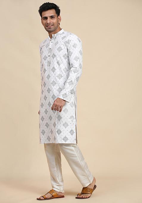 White Embroidered Cotton Kurta Pyjama Set For Men