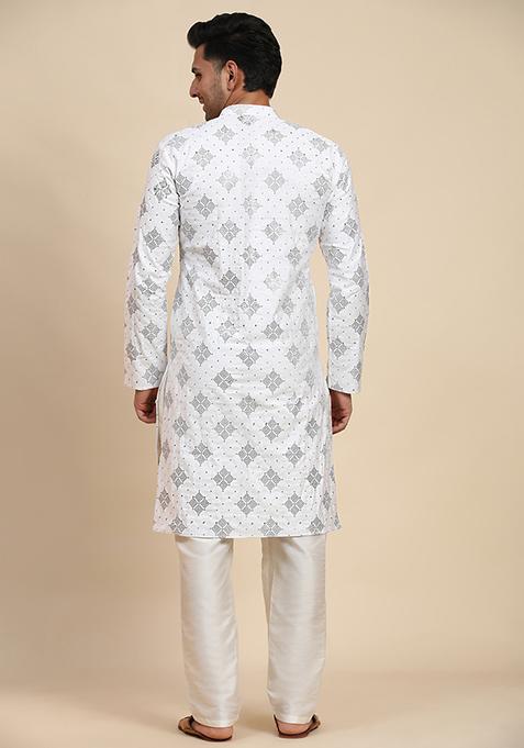 White Embroidered Cotton Kurta Pyjama Set For Men
