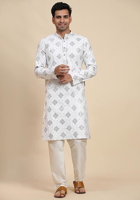 White Embroidered Cotton Kurta Pyjama Set For Men
