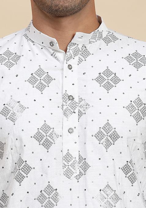 White Embroidered Cotton Kurta Pyjama Set For Men