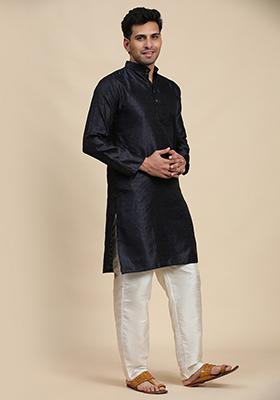Navy Blue Woven Viscose Jacquard Kurta Pyjama Set For Men