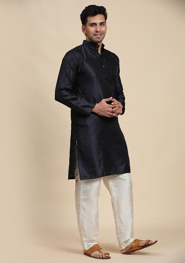 Navy Blue Woven Viscose Jacquard Kurta Pyjama Set For Men