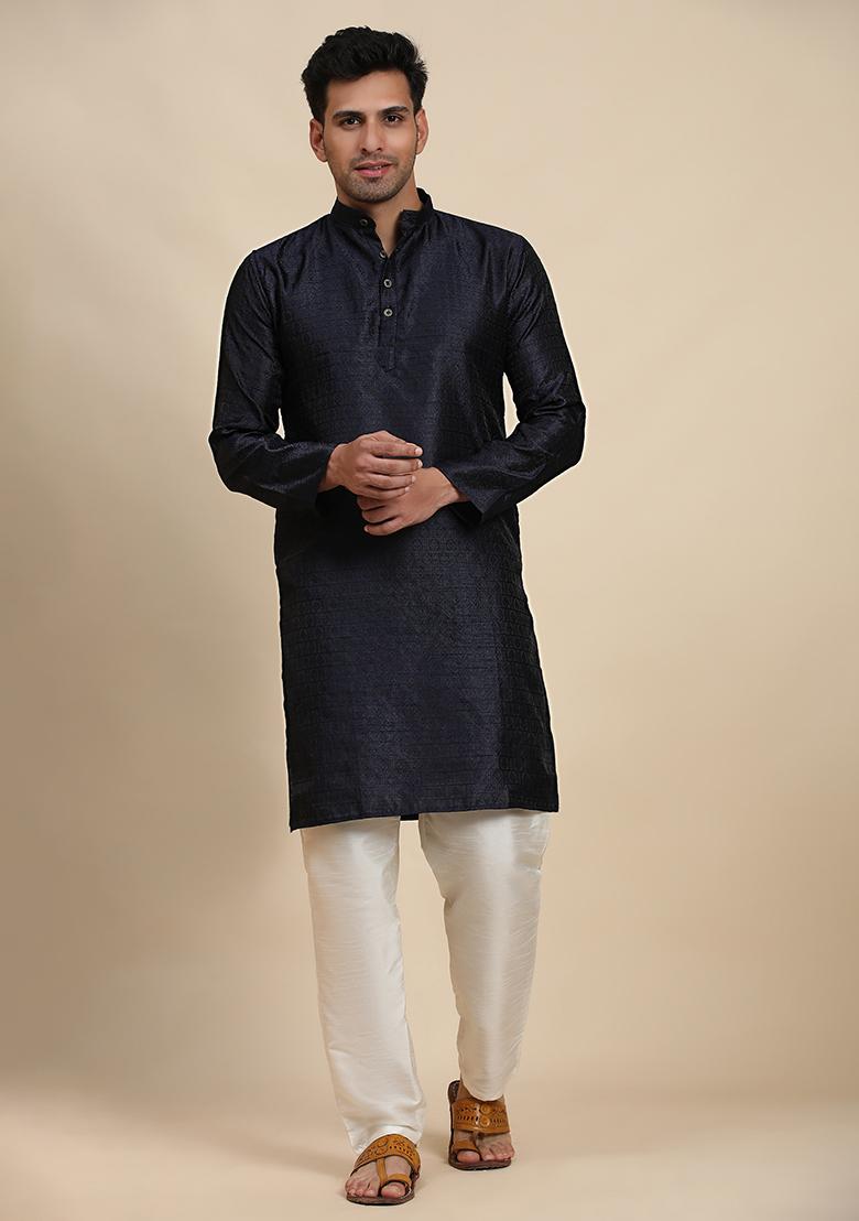 Navy Blue Woven Viscose Jacquard Kurta Pyjama Set For Men