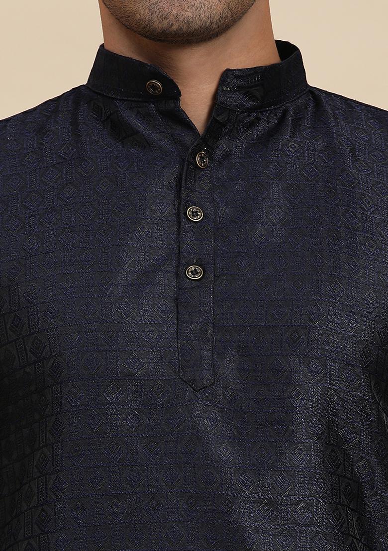 Navy Blue Woven Viscose Jacquard Kurta Pyjama Set For Men
