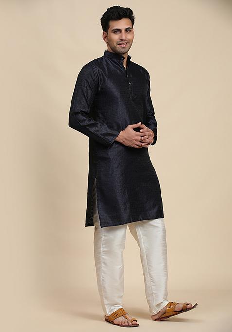 Navy Blue Woven Viscose Jacquard Kurta Pyjama Set For Men