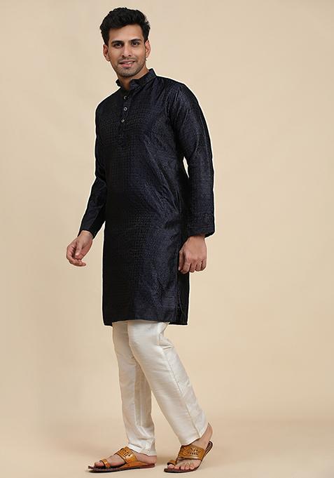 Navy Blue Woven Viscose Jacquard Kurta Pyjama Set For Men