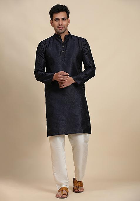 Navy Blue Woven Viscose Jacquard Kurta Pyjama Set For Men