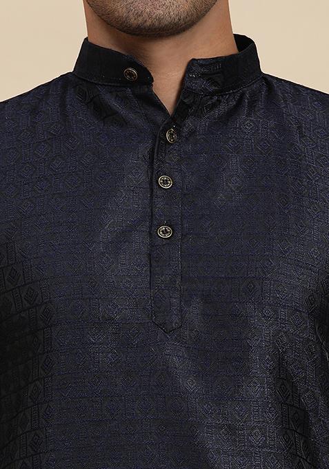 Navy Blue Woven Viscose Jacquard Kurta Pyjama Set For Men
