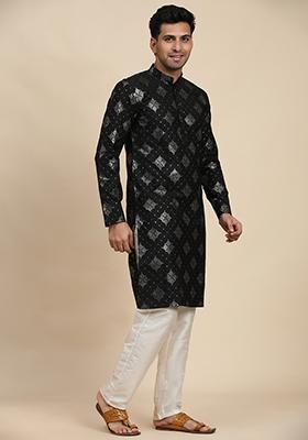 Black Embroidered Cotton Kurta Pyjama Set For Men