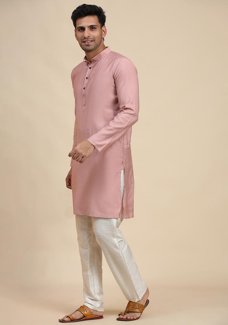 Pink Solid Viscose Rayon Kurta Pyjama Set For Men